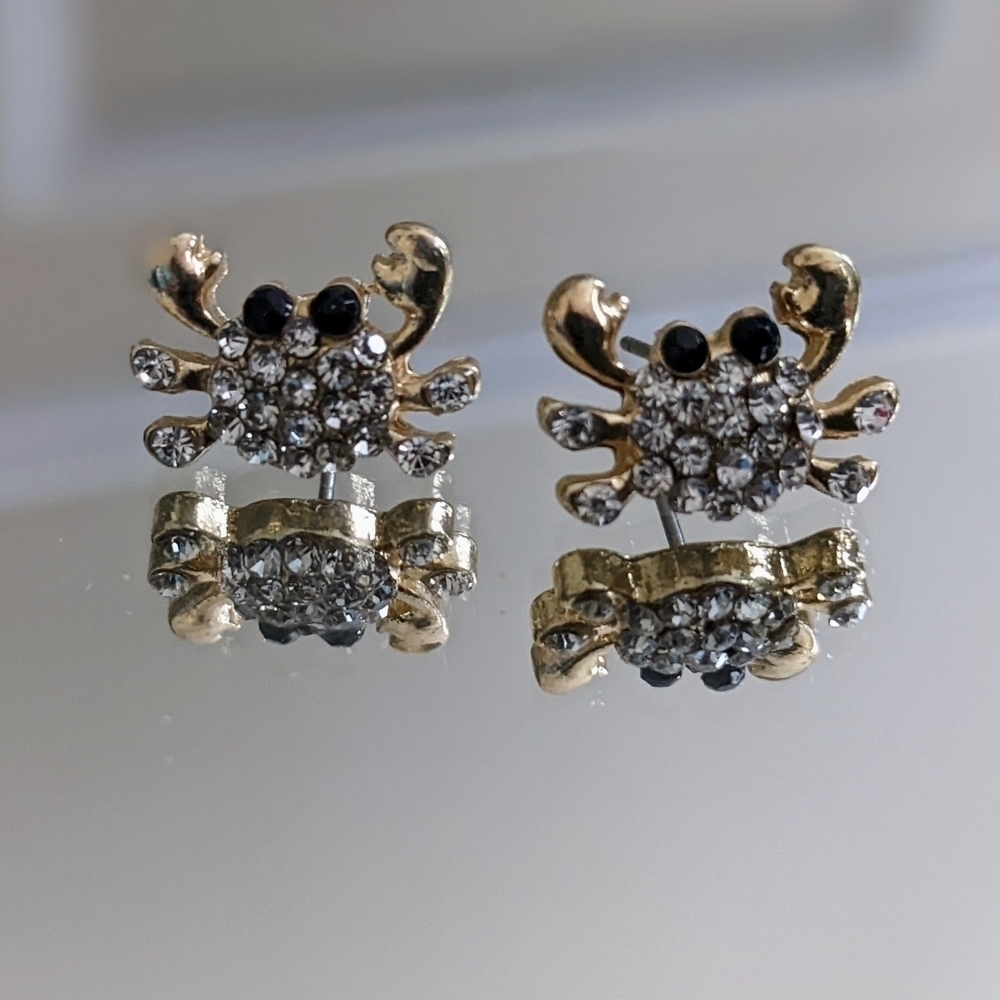Gold Crab Faux Diamond Stud Vintage Earrings